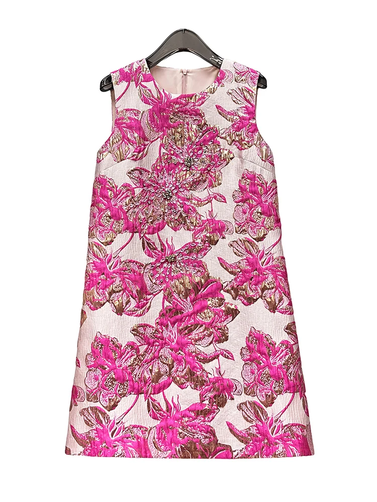 Abiti da festa da sera francesi eleganti da socialite girocollo senza maniche fatti a mano con perline jacquard a vita alta abito corto a trapezio da donna