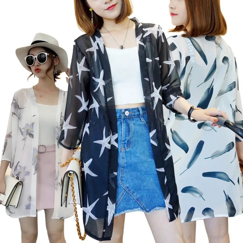 Women\'s Summer Coat Print Mid-length Cardigan Thin Anti-UV Sun Protection Clothing Chiffon Shirt Outerwear