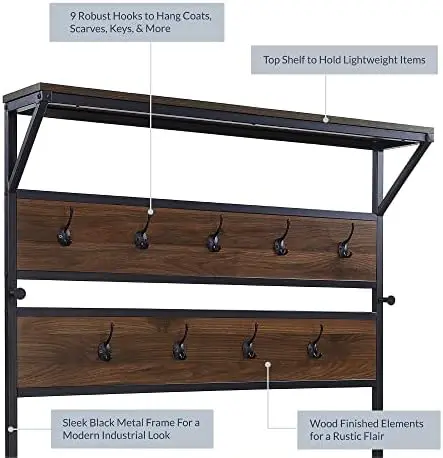 

Modern Entryway Hall Tree Coat Rack Shoe Bench with 4-in-1 Design, 11 Hooks, Wood Accent with Metal Frame - Blake (Rustic Oak)