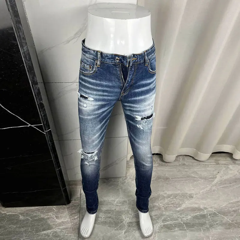 Y2K Designer Fashion New Men's Jeans Wrinkle Painted Scratched Water Washed Stretch Slim Blue Jeans High Street Hip Hop Pants Ho