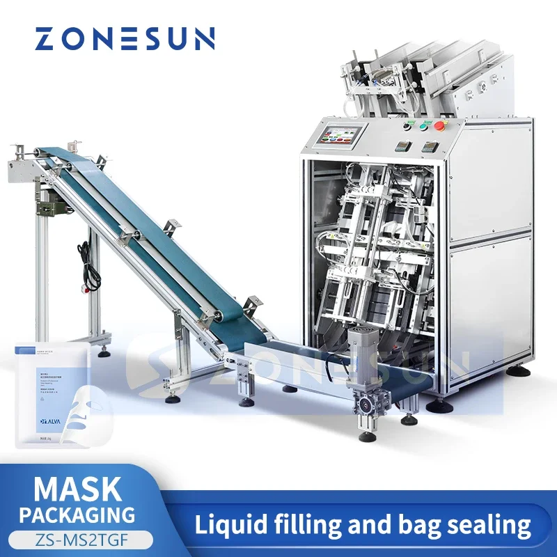 ZONESUN Automatic Facial Mask Packing Vertical Liquid Filling Bag Sealing Machine Foot Mask Magnetic Pump Date Coding ZS-MS2TGF