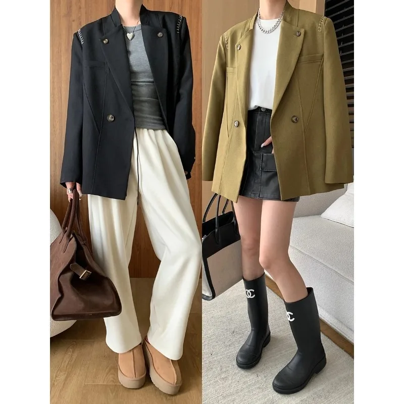 Contrast Color Stitching Suit Jacket Autumn Desinger Women Loose Long Sleeve Blazer Coat