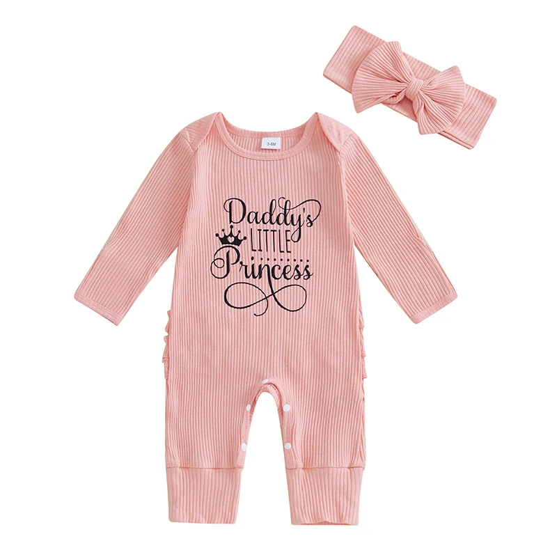 Baby Girl Bodysuits Letter Print Footie Ribbed Long Sleeve Fall Romper Bow Headband Outfits