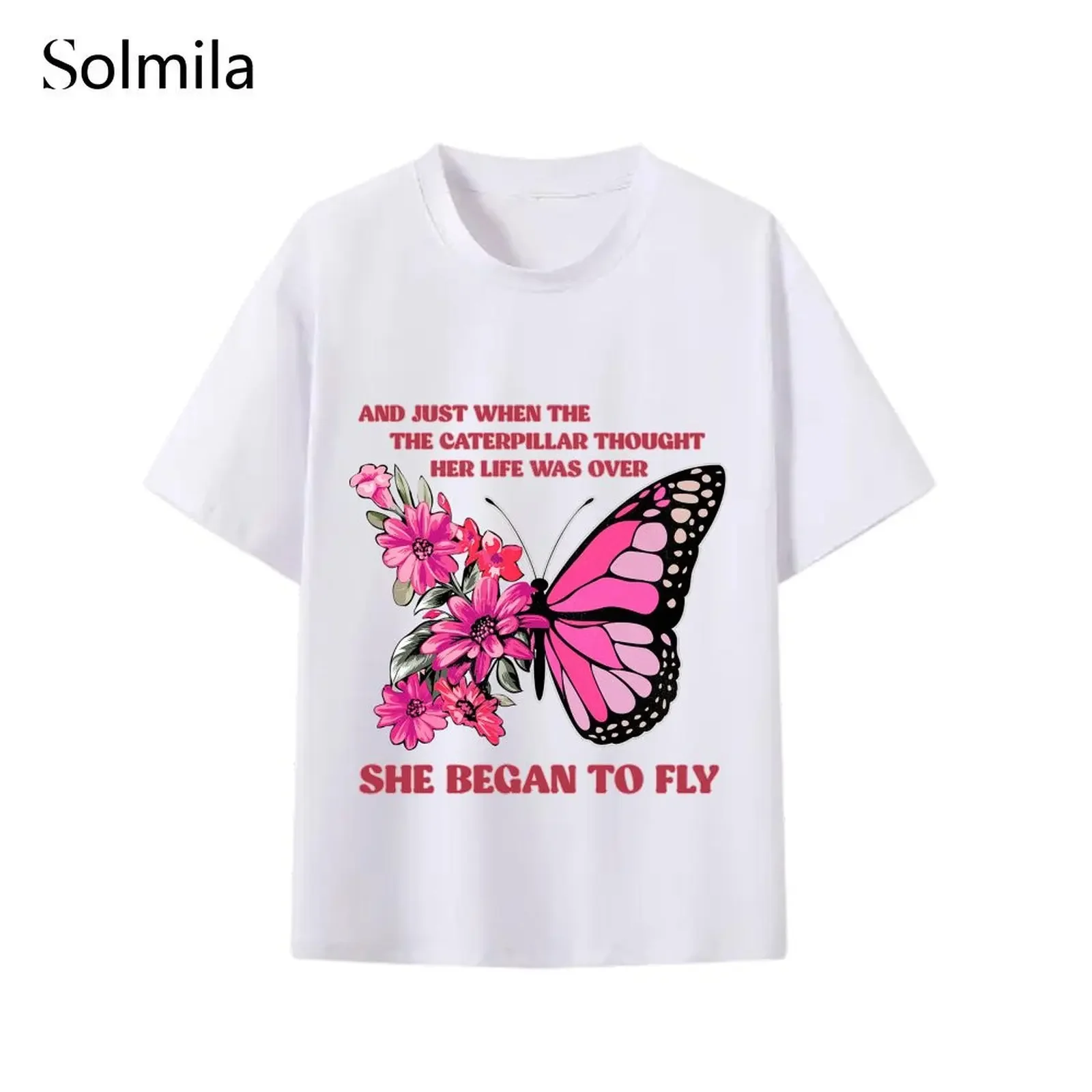 

Women T-shirt Butterfly Letter Print Korean Loose O-Neck Top Solid Short Sleeve T Shirt Tees Fashion Y2k Clothes Woman Clothing