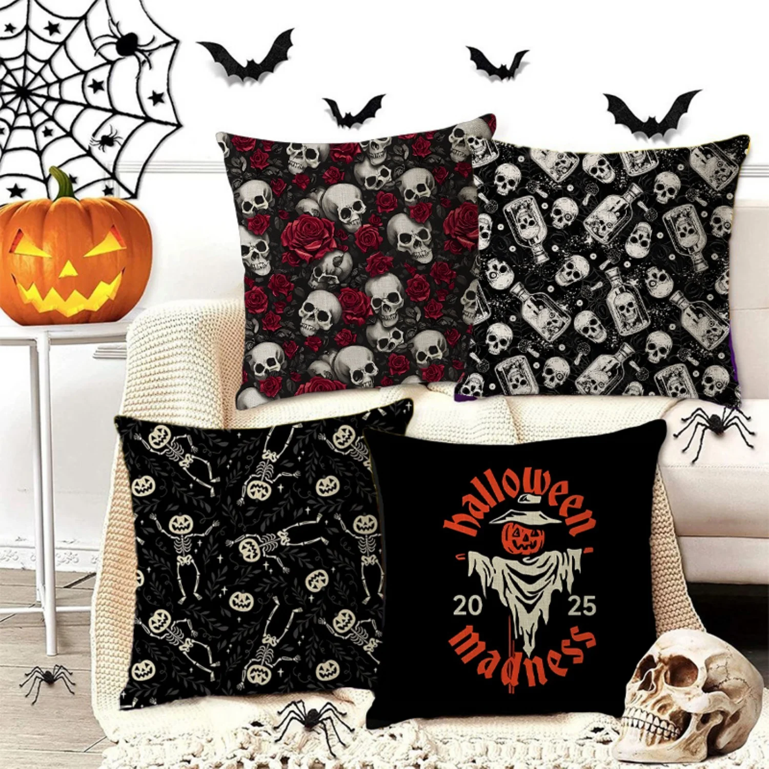 

Halloween Decorative Pillowcase Skull Pumpkin Ghost Pattern Linen Hug Pillow Cover Trick Or Treat Festival Party Decorations