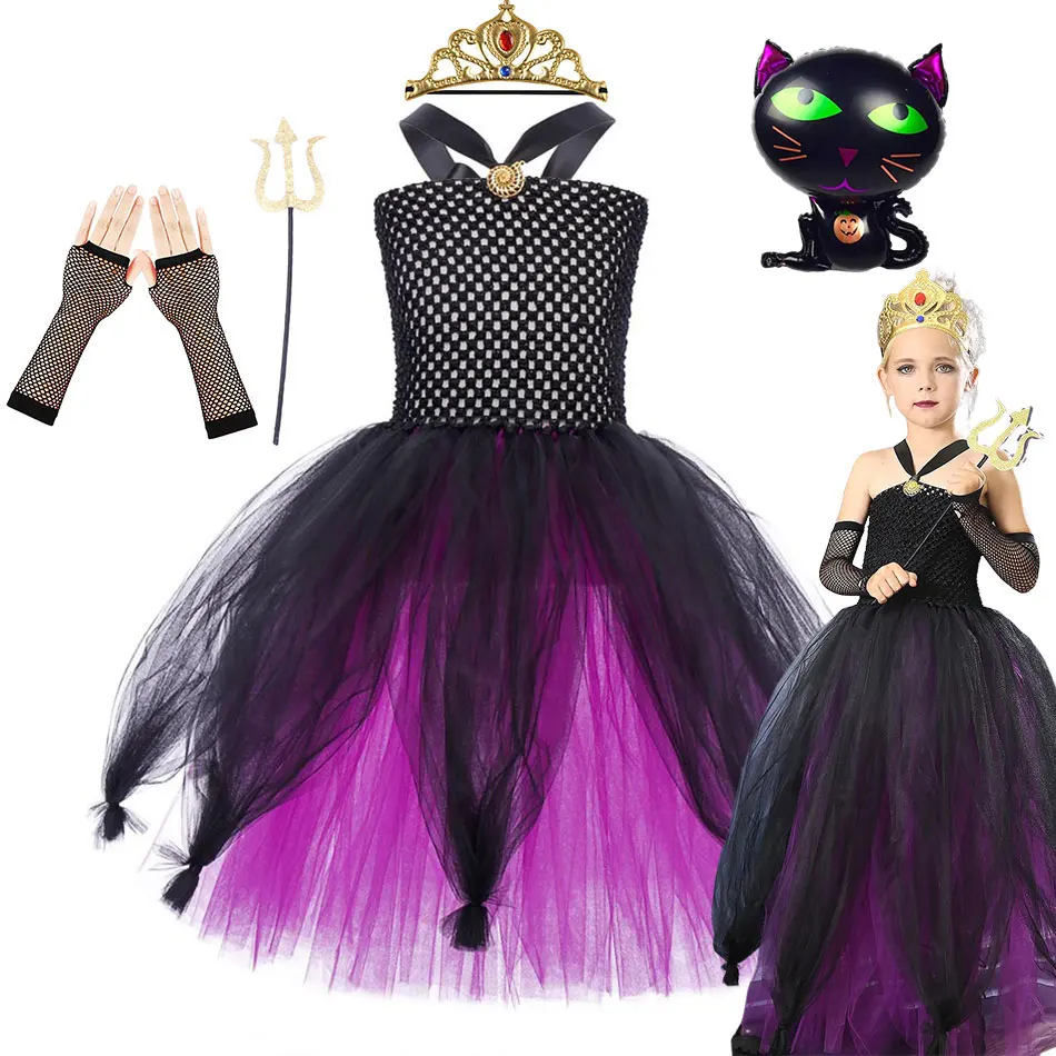 

Handknitted Garment Tutu Dress Girl Princess Tulle Gown Party Carnival Halloween Costume Ursula Cosplay Clothes 2-12Years Old