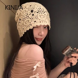 Handmade Crochet Hollow Head Japan Knit Cap Spring Summer Retro Casual Turban Fashion Melon Mesh Hat Pullover Hat Breathable
