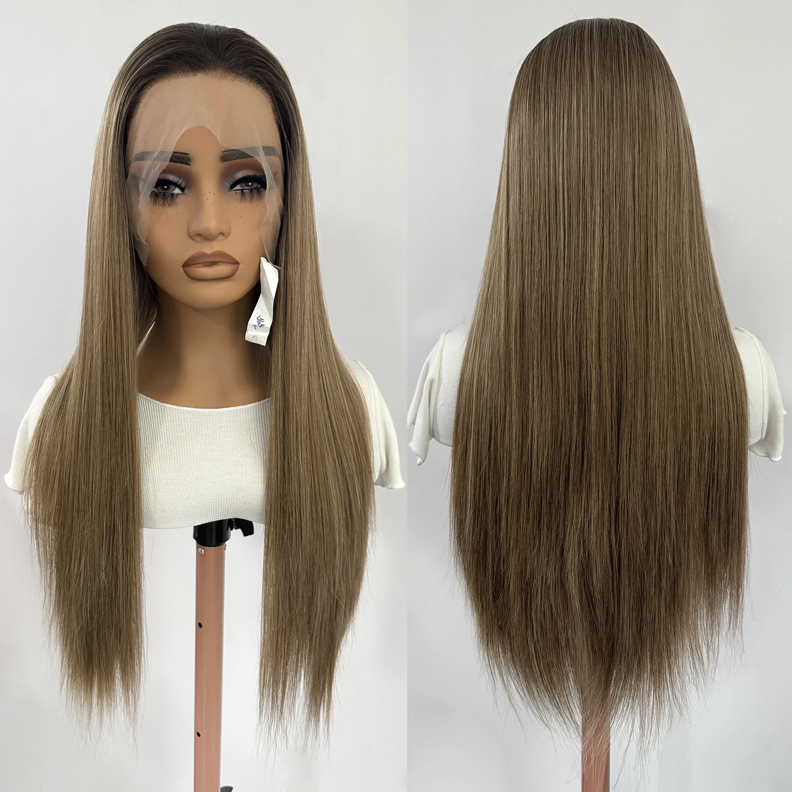 Honey Tea Brown Wig Ombre Colored Long Silky Straight Wig Highlighted 13x4 Lace Front Wigs for Women Synthetic Hair Daily Wear
