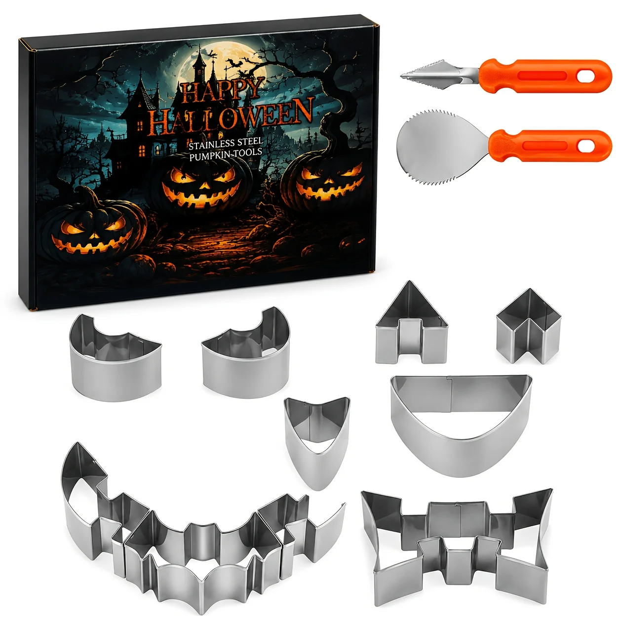 10PCS Halloween Pumpkin Decorating Kit Stainless Steel Pumpkin Face Shape Cutters DIY Jack O Lantern Making Set for Halloween Pa