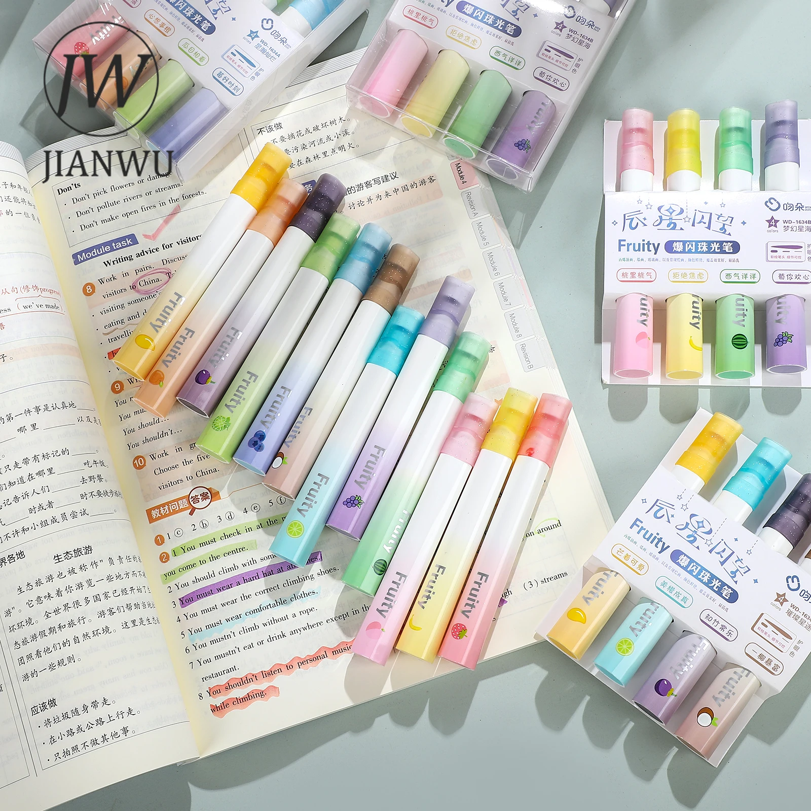 JIANWU-Grande Capacidade Inclinado Cabeça Highlighter, escrever suavemente caneta marcador, criativo DIY Estudante suprimentos, papelaria, 4 pcs por conjunto