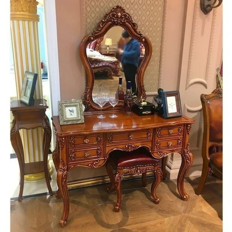 European dressing table American makeup table ebony burgundy pearl white solid wood carving flower pure solid wood bedroom