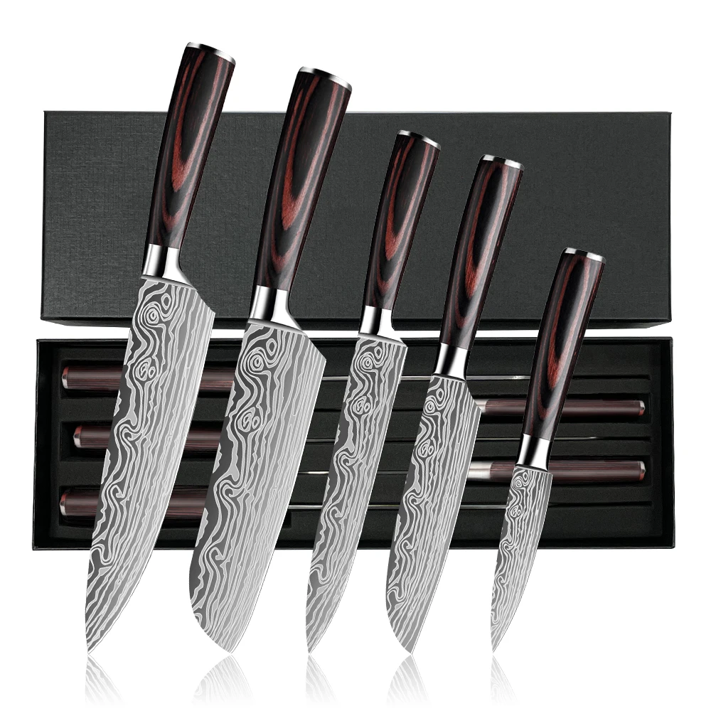 ZENG Küchenmesser-Set mit Lasermuster, Kochmesser, ultrascharfes Santoku-Schneidemesser, ergonomischer Holzgriff in Farbe, Kochmesser