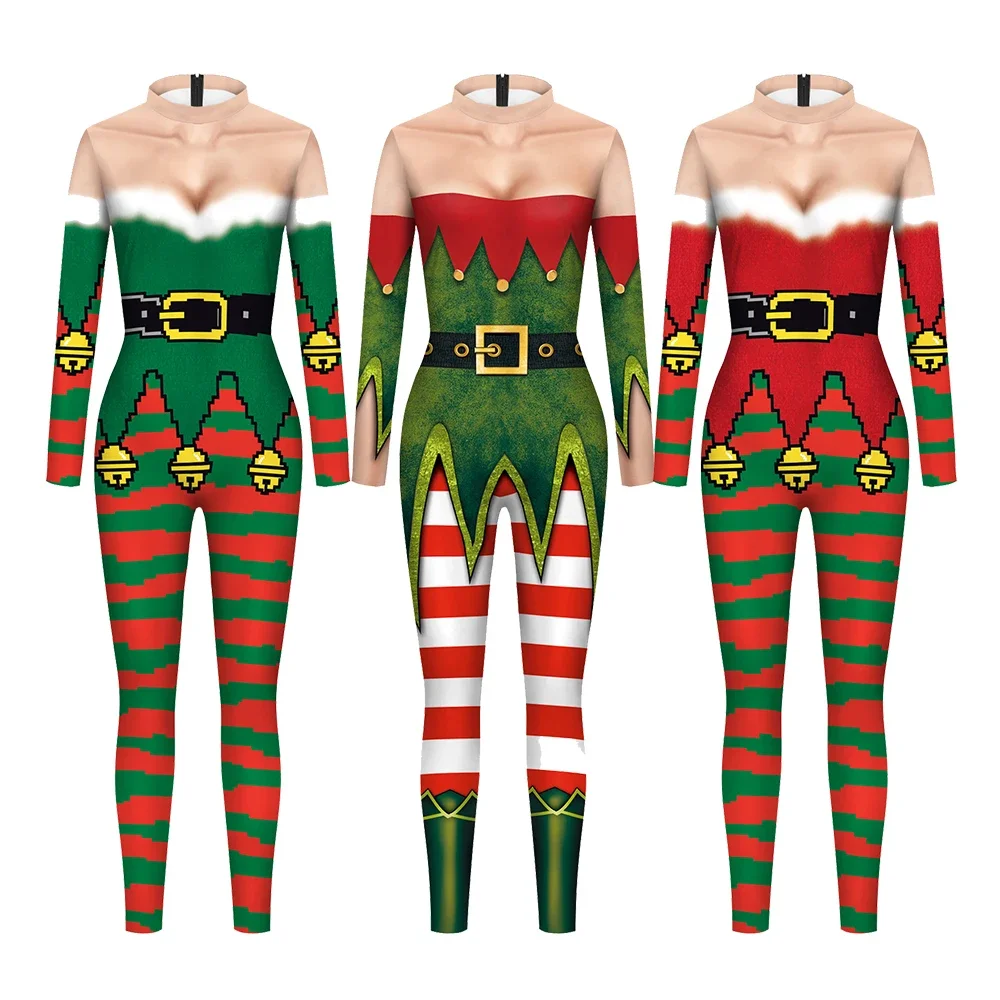 

Christmas Elf Printed Jumpsuit Women's Sexy Leotard Christmas Role Playing Cosplay Costume Holiday Leotard Stage Performance Cos