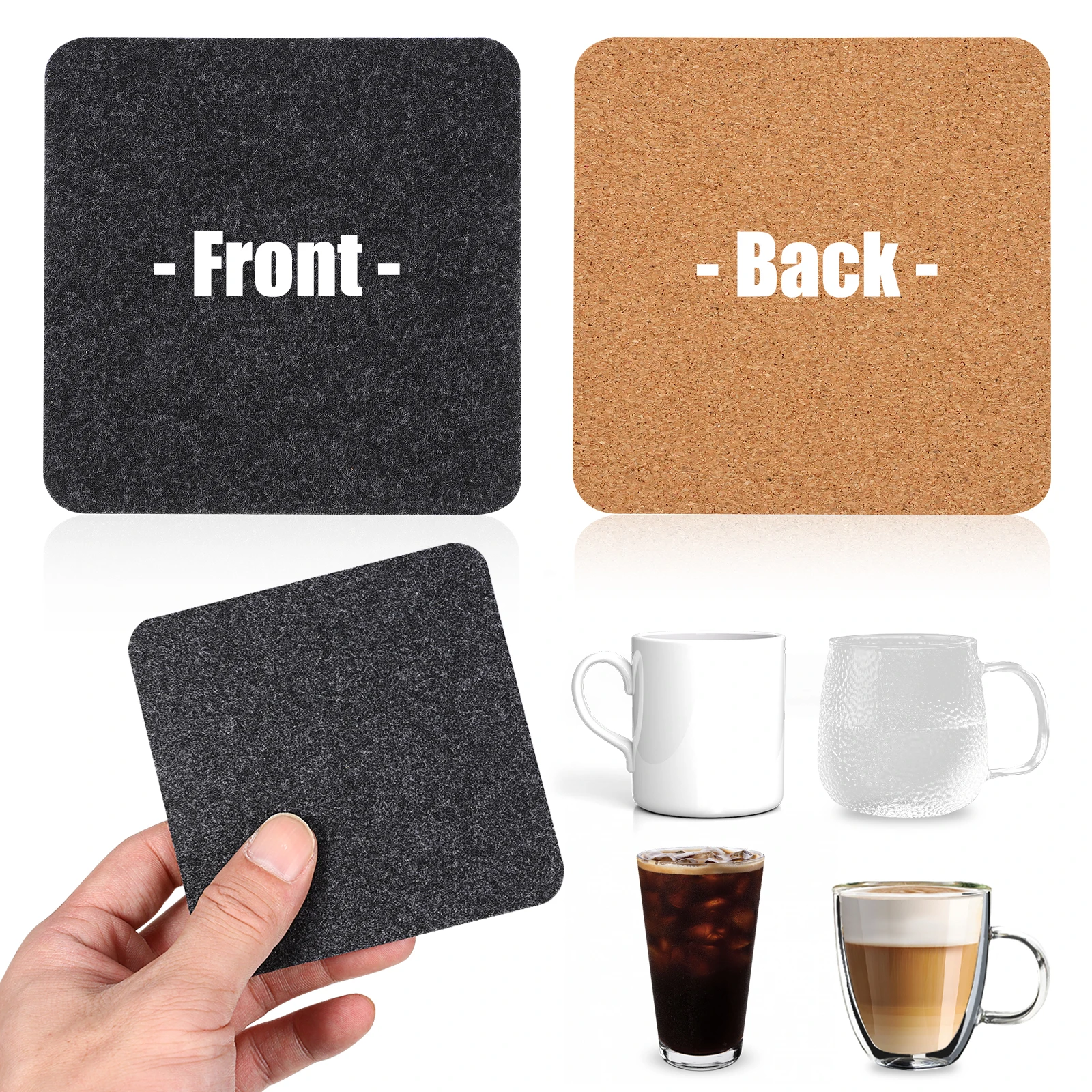 

8 pcs Square Coasters Reversible Felt Cork Heat Resistant Non Slip Drink Mats Absorbent Cup Protectors Table Mats For Hot Drinks