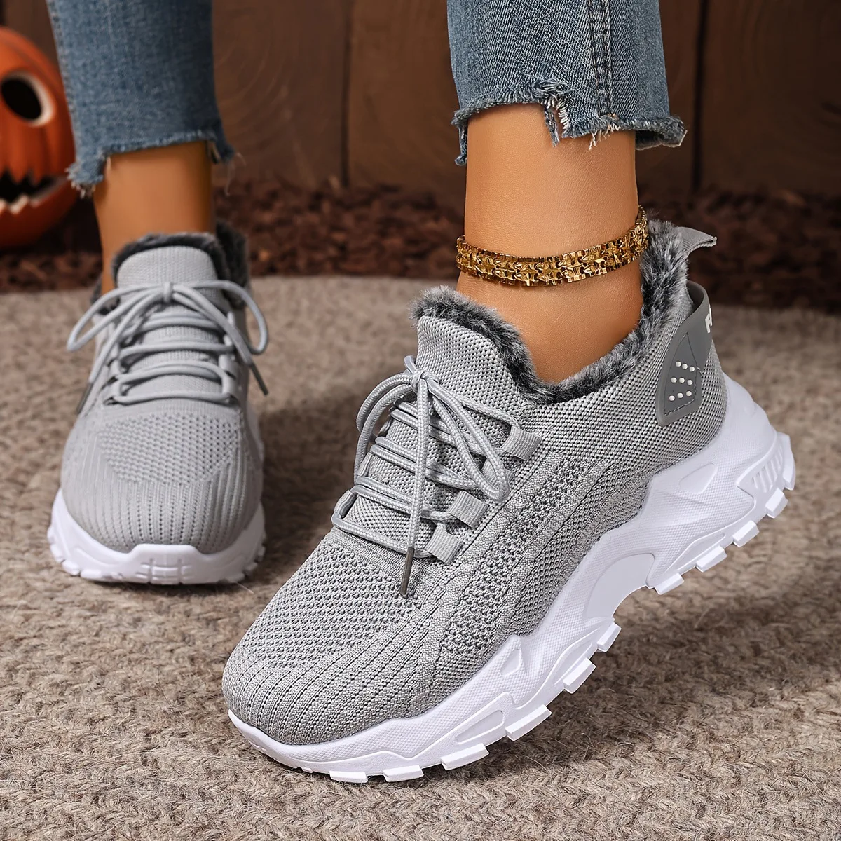Damen Winter-Thermosneaker aus Strickstoff mit Schnürung, Plüschfutter, rutschfester dicker Plateausohle, Outdoor-Wanderschuhe, Freizeitschuhe – Detail 16