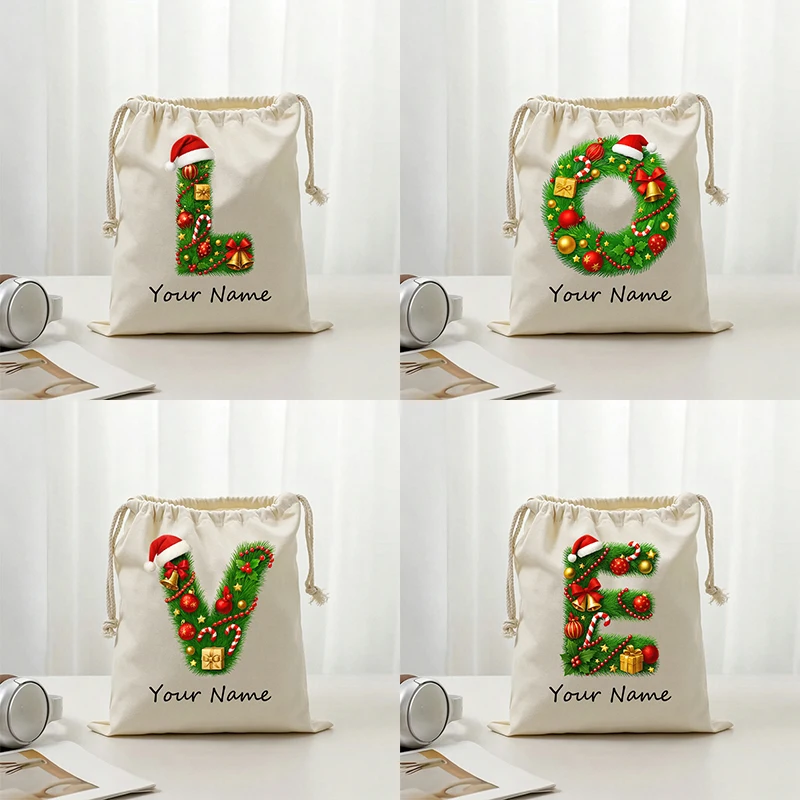 Personalized Christmas Letter Drawstring Bag Custom Logo Monogram Initial Xmas Holiday Floral Storage Gift Pouch for Women Girls
