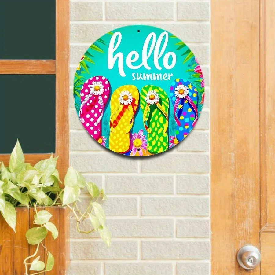 One Vintage Aluminum Round Sign Featuring a Cheerful Summer Theme with a Colorful Flip-Flop Design. This Durable Retro Wall Deco