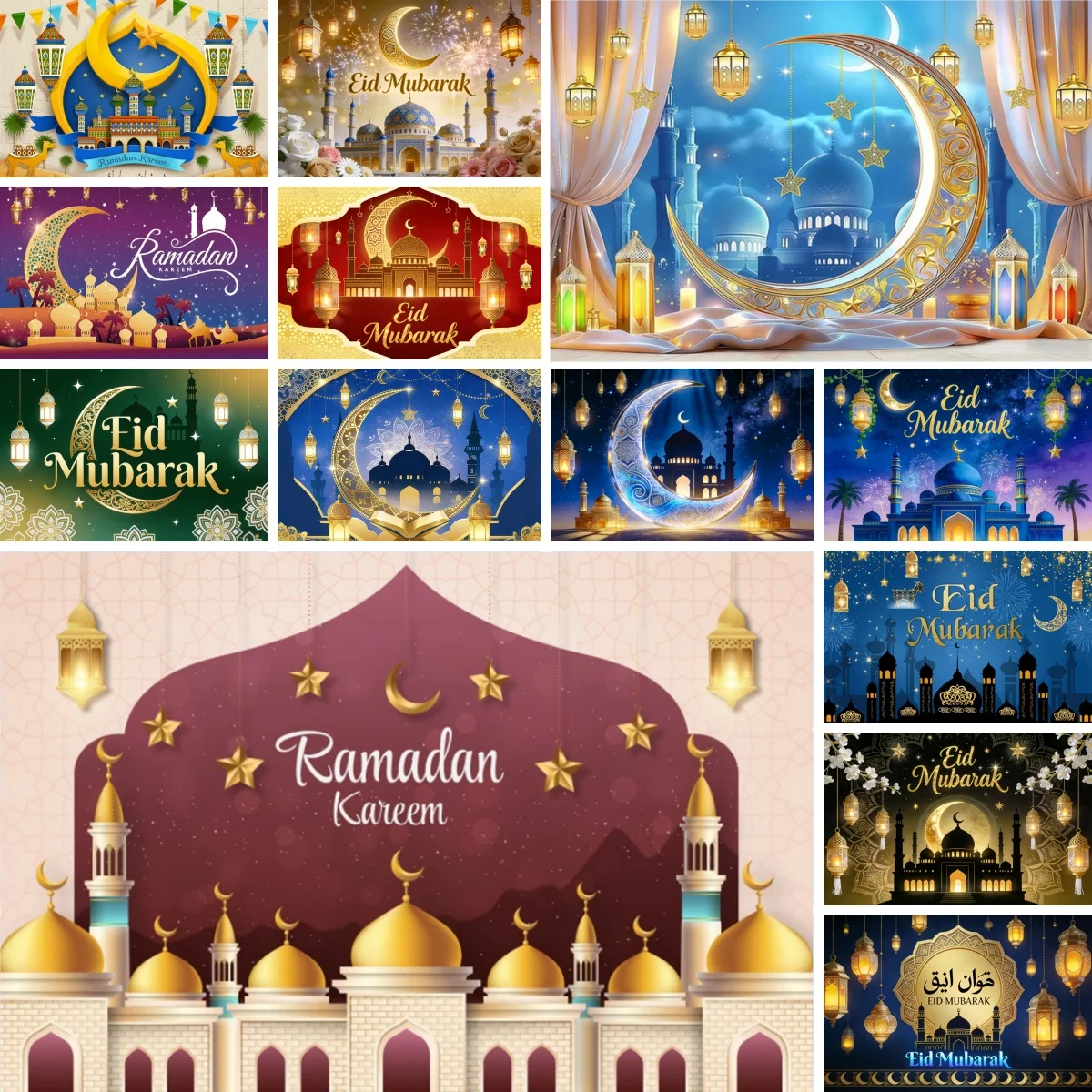 Eid Mubarak Background For Photography Golden Moon Stars Islamic Muslim Castle Ramadan Kareem Al Fitr Festival Photo Backdrops