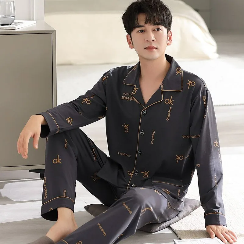 

2024 New Pure Cotton Men Pajamas Spring Autumn Long-Sleeved Cardigan Casual Sleepwear Sets Male Large Size Casual Homewear Suit