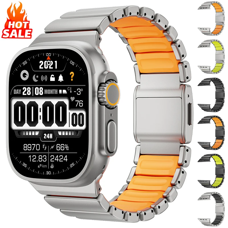 

Titanium Silicone Magnetic Strap for Apple Watch Ultra 3/2/1 49mm Series 11 10 46mm 45mm 44mm Metal Band for Iwatch 9 8 7 6 SE 5