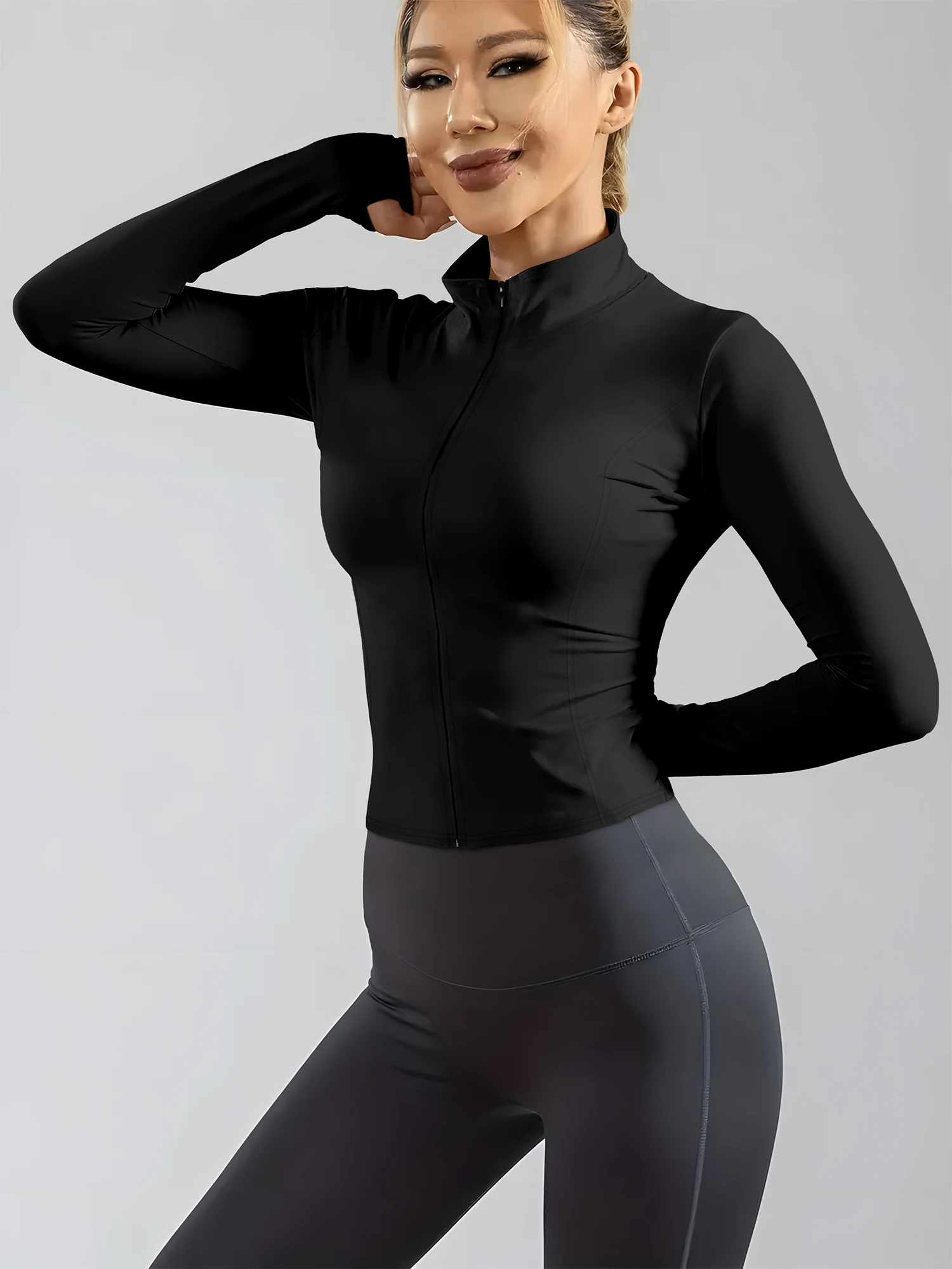 

Женская укороченная куртка на молнии с воротником-стойкой, облегающий топ с длинными рукавами, высокоэластичная, стройнящая, универсальная, повседневная, спортивная