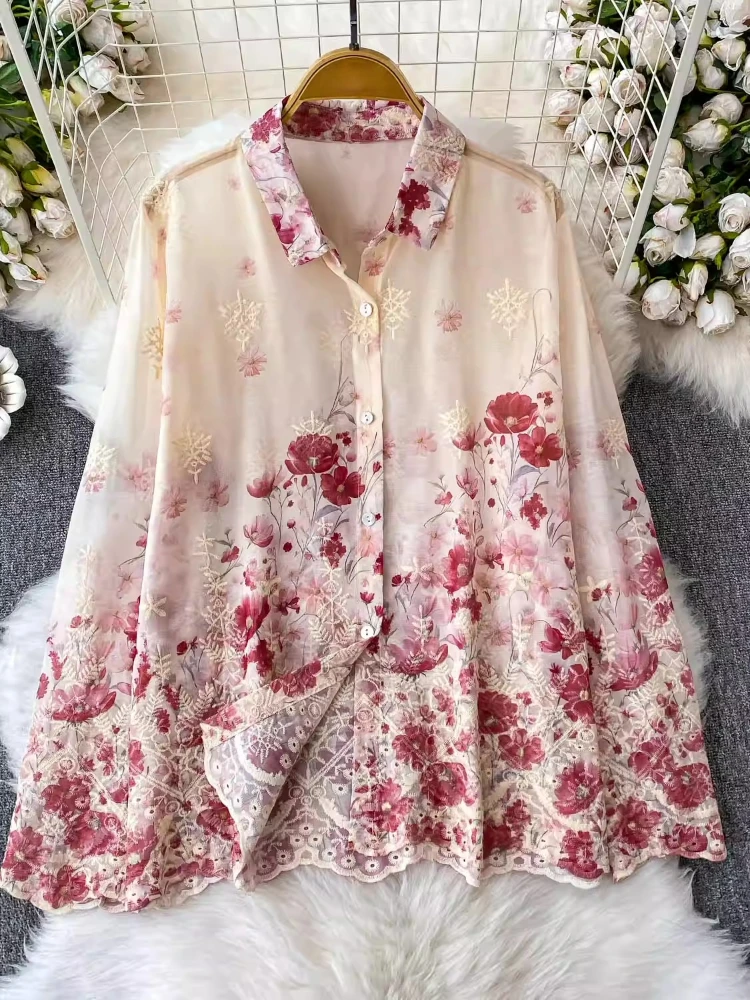 

Fashion Vintage Blouses Flower Embroidery Turn Down Collar Tops Single Breasted Shirts Casual Loose All Match Women's Clothing