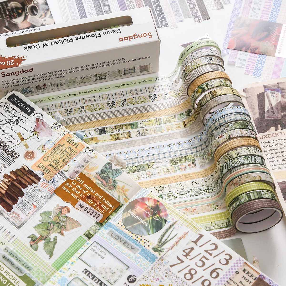20 Rolls Floral Washi Tape Set, Retro Vintage Flower & Plaid Decorative Strips for Journal Planner Scrapbooking & DIY Crafts view 6