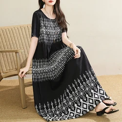 New 2026 Summer Dress For Women Plus Size Dress Casual Short Sleeve Boho Vintage Print Long Maxi Dress Beach Women Clothing