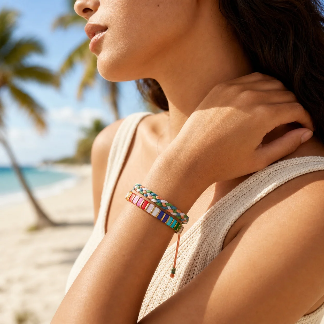 2pcs Unisex Bohemian Multicolor Geometric Glass Beaded Strand Bracelet with Braided Cord Adjustable Lace-Up Closure