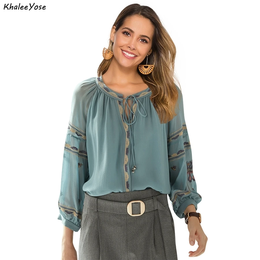 KHALEE YOSE Blue Floral Embroidery Blouses Shirt Vintage Boho Spring Autumn Mexican Shirt  Women Lace Tie Up 2xl Ethnic Shirt