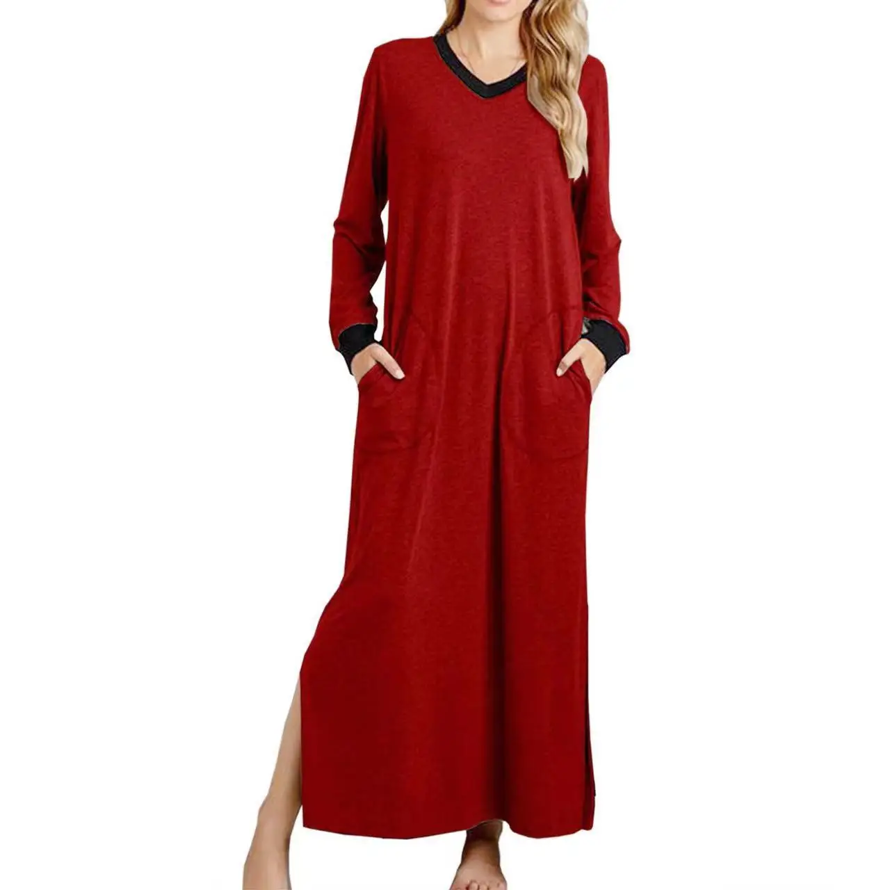 Mixed Cotton Night Dress Women Loose Long Sleeve Robe Nightdress V-Neck Split Female Nightgown Soft Nightwear Vintage Nightgowns