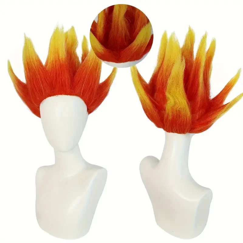 Heat-Resistant Anime Flame Wig Pre-Styled Spiky Dual Orange & Yellow Synthetic Fiber Short 12 Inch Cosplay Halloween Party Wig