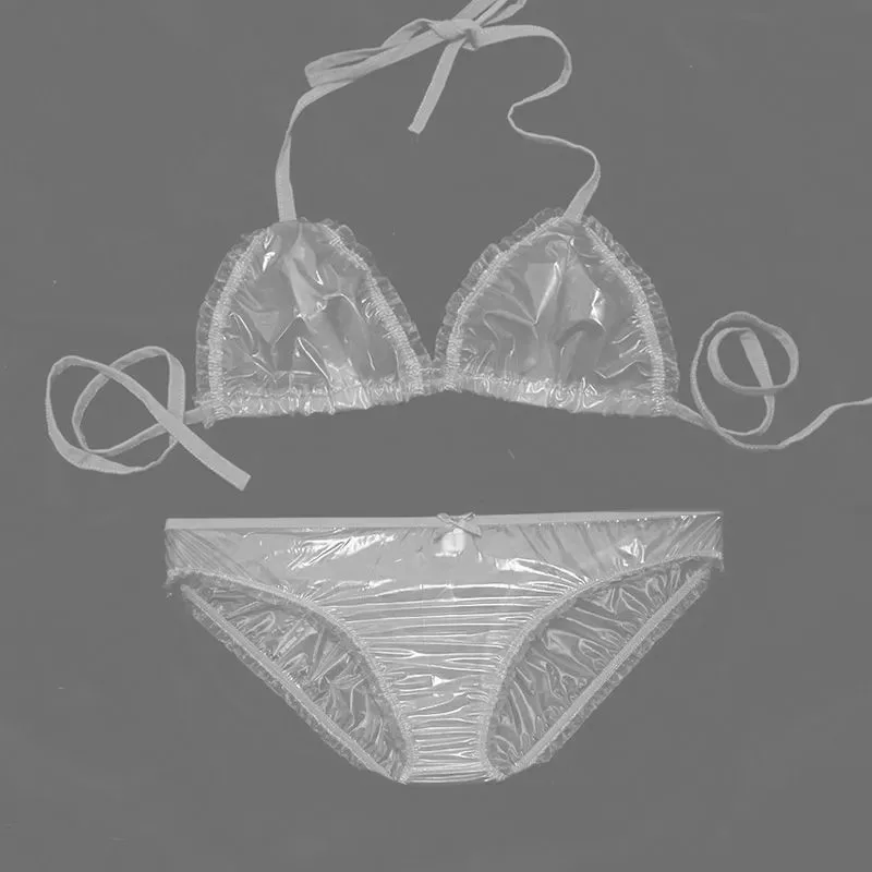 

Transparent Woman Sexy PVC Erotic Lingеrie Set Men's Thin Soft Bikini Lace Plastic Briefs Bra Set Fetish Underwear Waterproof