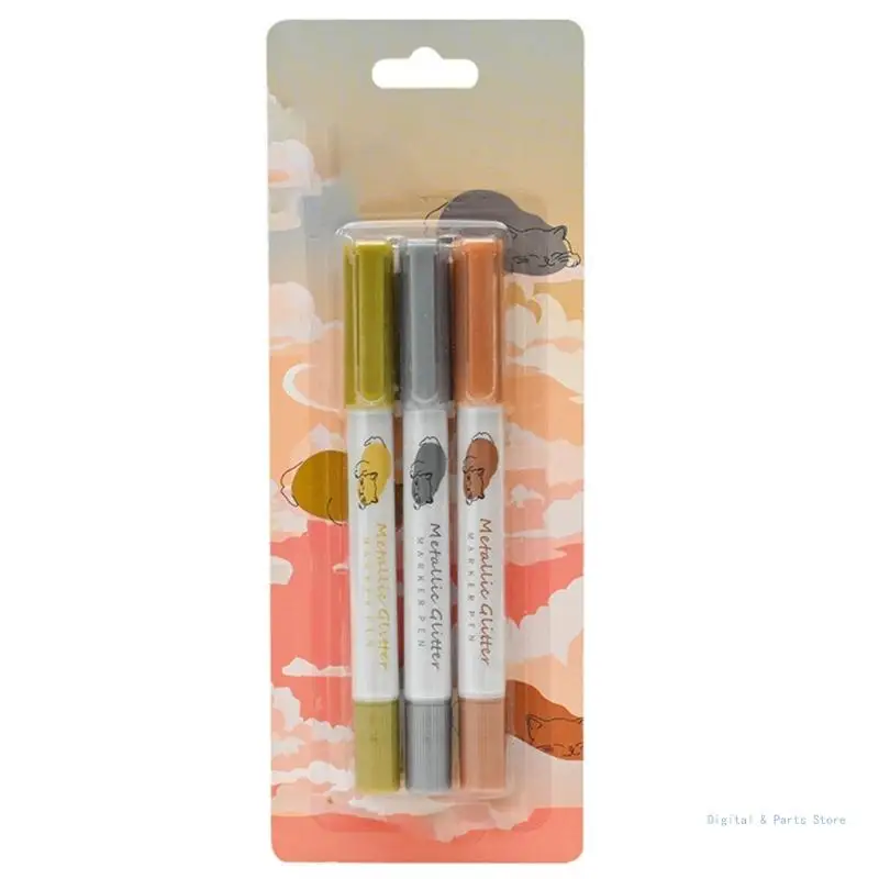 M17F 3Pcs Double Ended Metallic Paint Pen Fast Drying for Card Making Scrapbooking, Painting on Stone, Metal, Fabric,