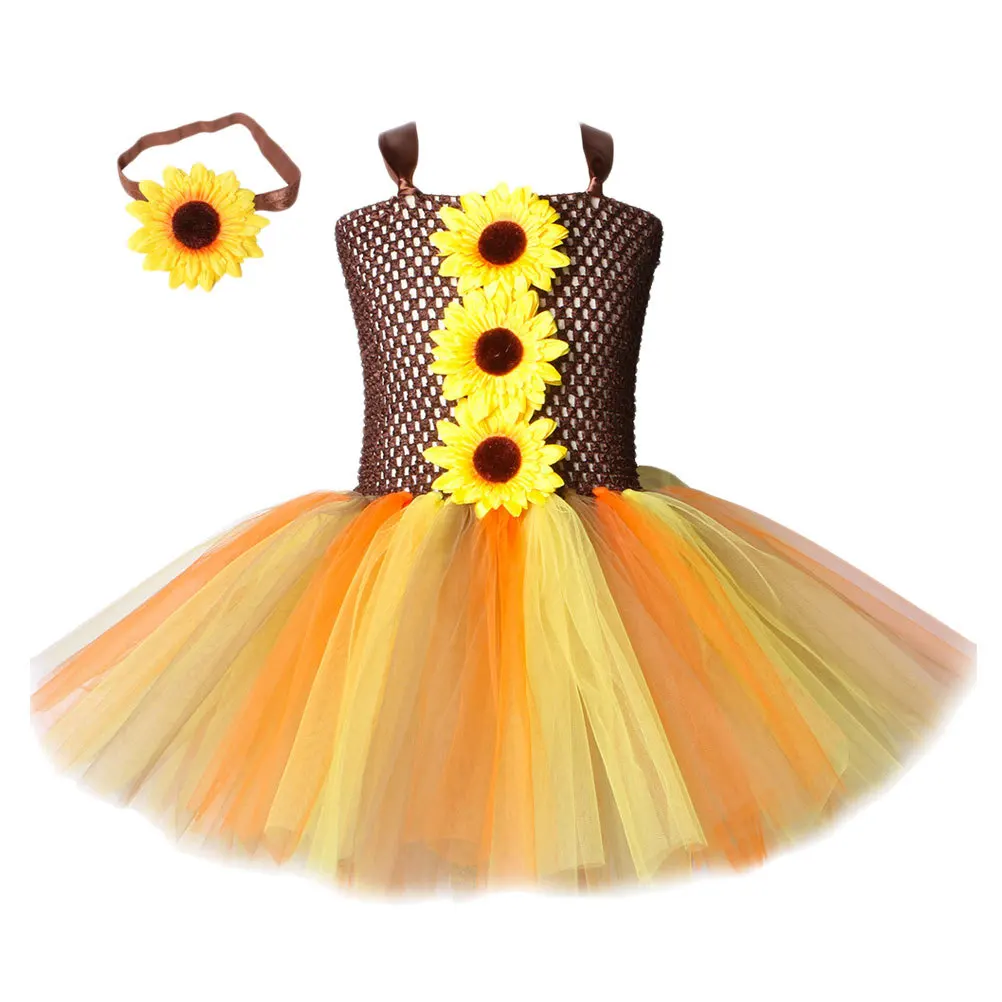 

1Pcs Children Halloween Party Dress Scarecrow Costume 10-12y Creative Sunflower Gauze Kids Performance Clothing Cosplay Outfit