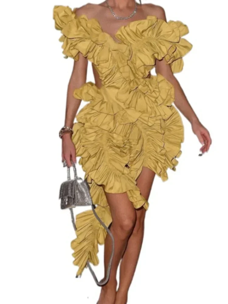 Women Edible Tree Fungus Tierred High Low Asymmetrical Ball Gown Dress 2025 Sexy Club Party Evening High Street Dresses