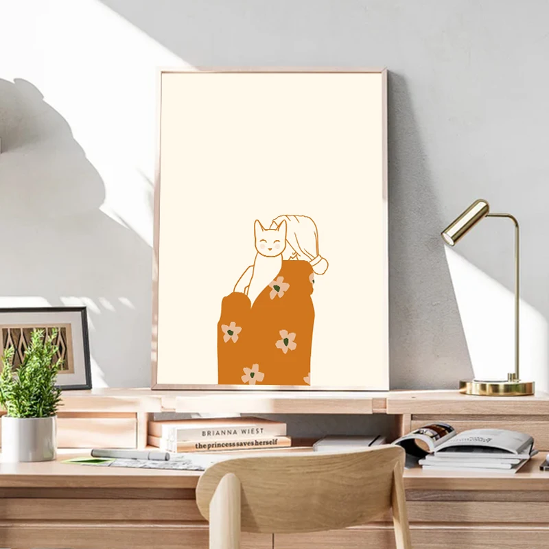 Minimalist Cat Dumpling Lazy Cat Illustration Abstract Line Poster Canvas Painting Wall Art Picture Bathroom Home Decor
