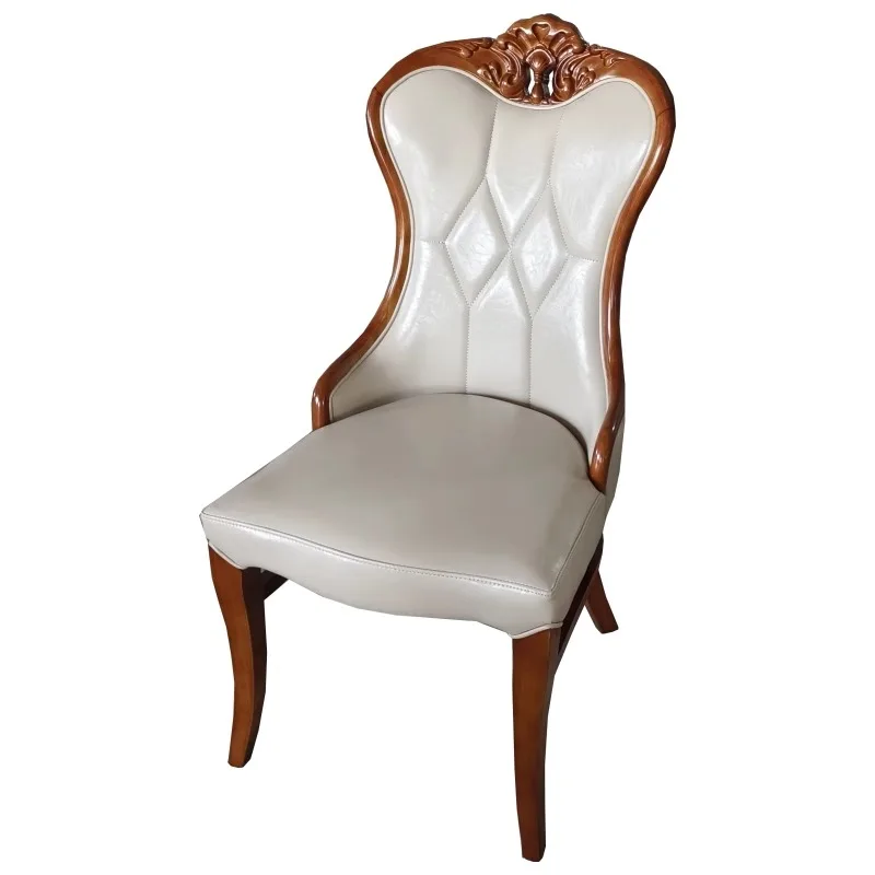 

European-style home carved solid wood dining chair, net red western restaurant, gray leather backrest lounge chair, hotel box pr