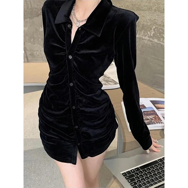 Vintage Black Velvet Shirts Women Elegant Pleated Blouses Korean Folds Turn Down Collar Long Sleeve Slim Chic Casual Tops New