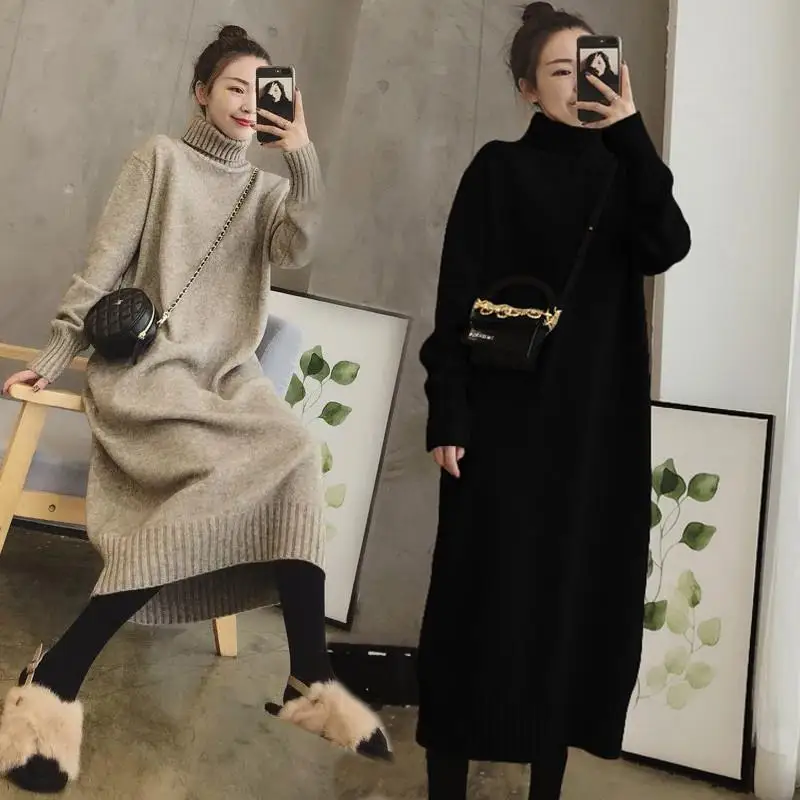 Sweater autumn and winter new style loose and thick high neck pullover inner bottom skirt mid length over knee knit sweater