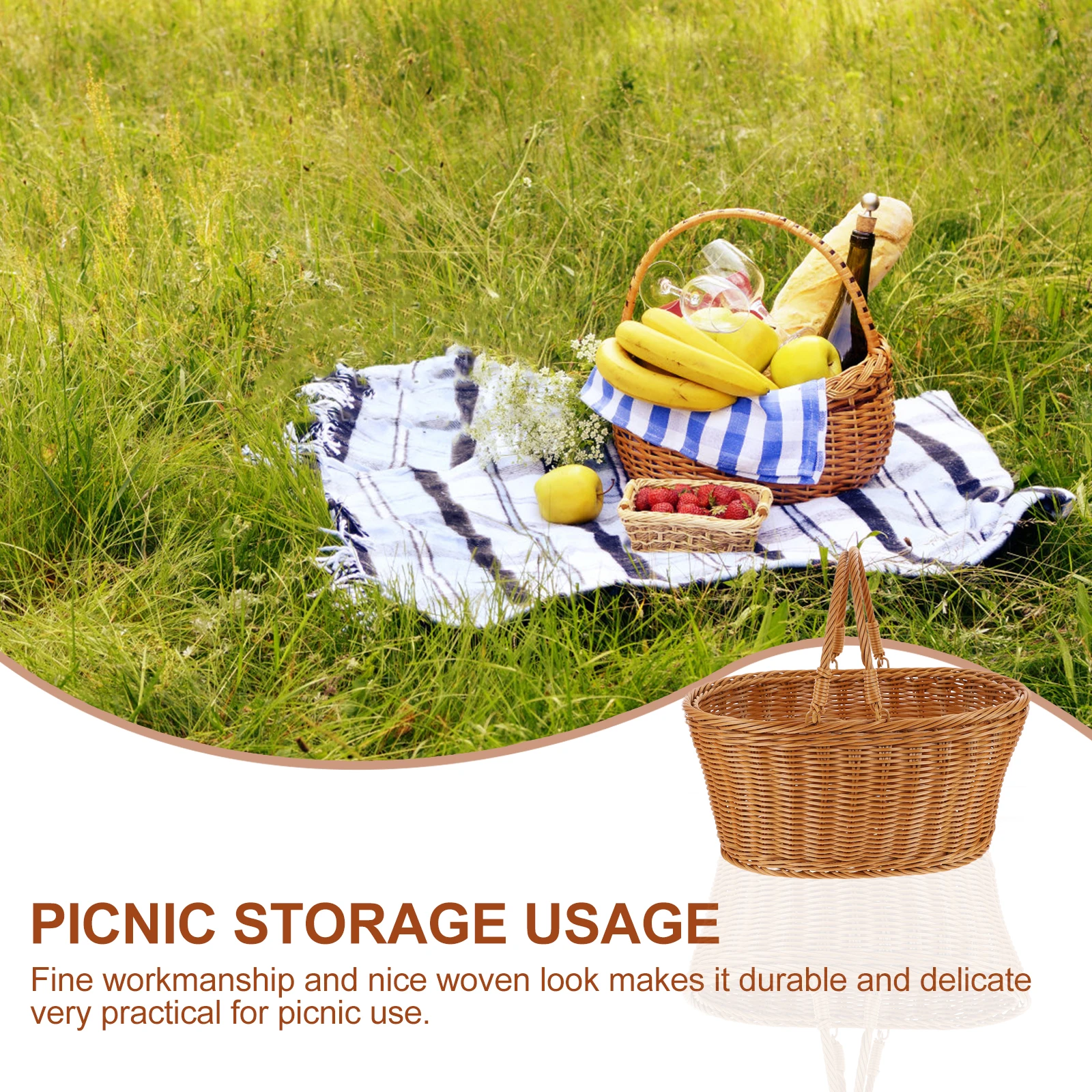 

Woven Imitation Rattan Fruit Vegetable Storage Basket Portable Picnic Organizer No Odor Safe Lightweight Home Decor