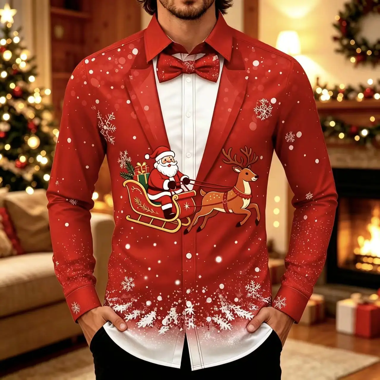 New men's Christmas printed fake two-piece shirt with Santa Claus sled snowflake pattern party long sleeved shirt