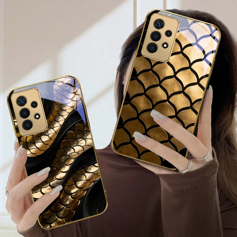 Golden scale texture For Samsung A36 A35 A34 A33 A32 A31 A26 A25 A23 A22 A21s A73 A72 A71 A42 A56 A13 16 Golden glass phone case
