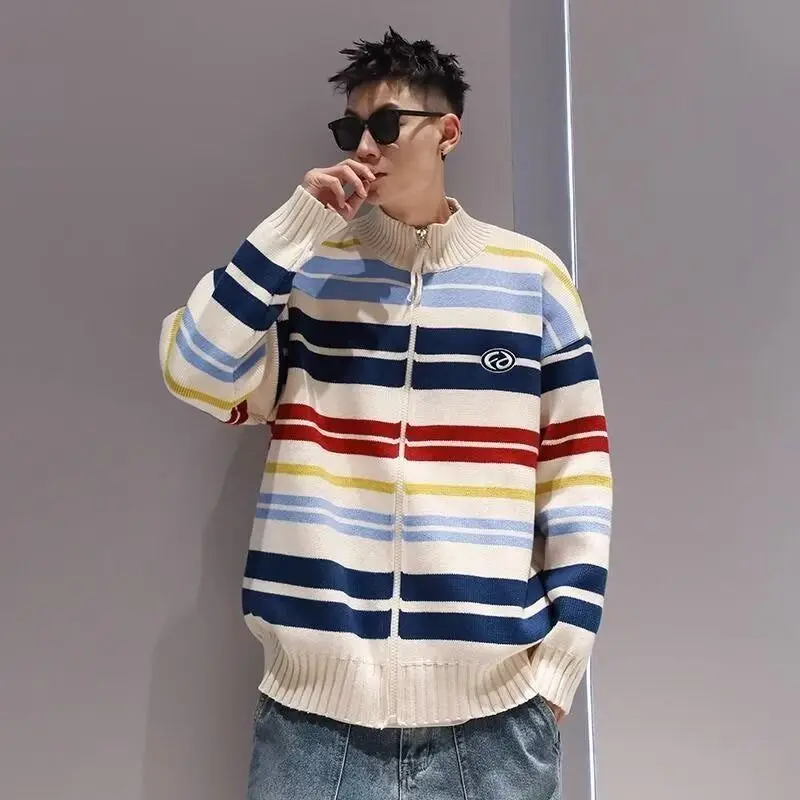 

Hip Hop Style American Men's Vintage Knit Cardigan Spring Autumn Premium Striped Half High Collar Zipper Sweater