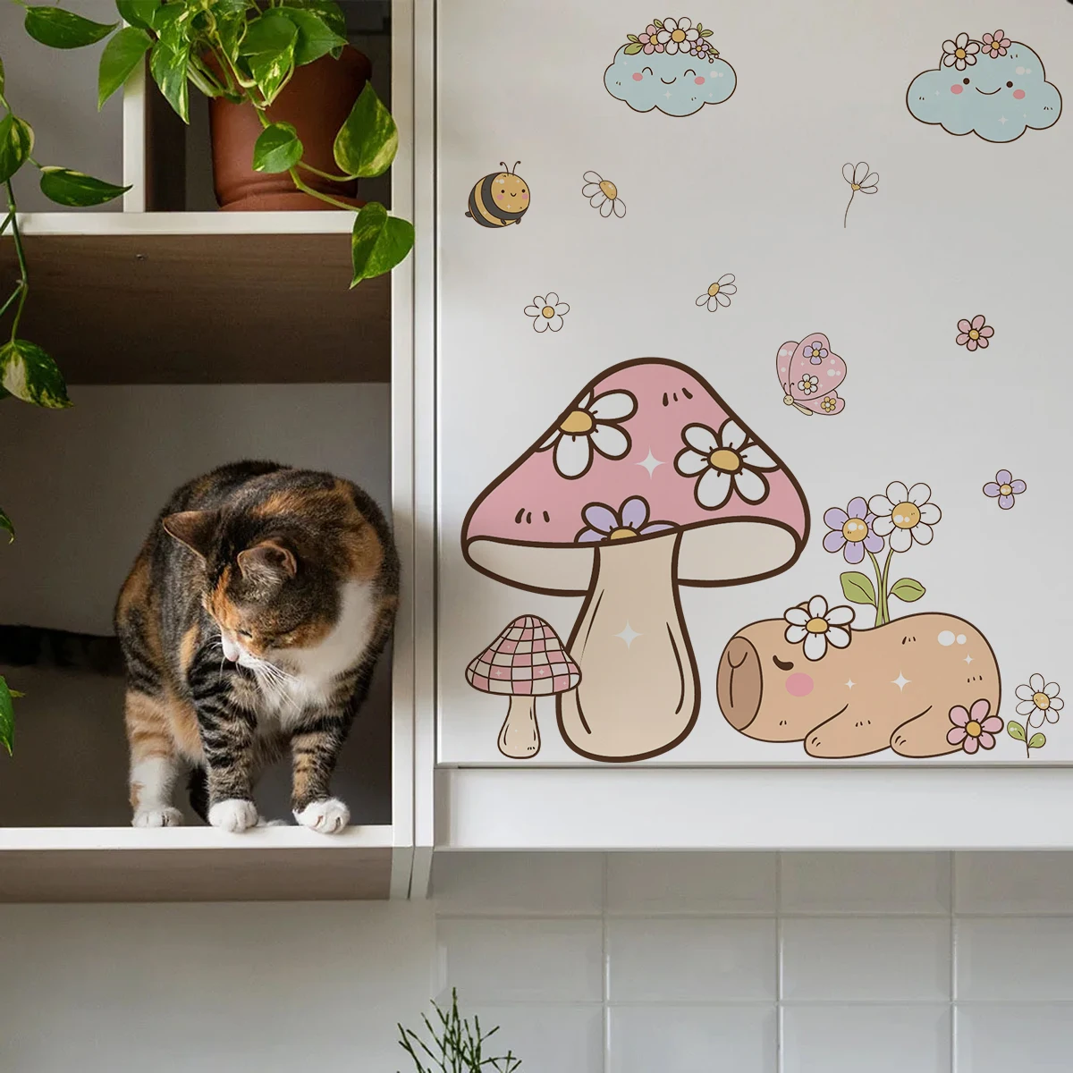 Cartoon Cute Brown Capybara Butterflies Rainbow Watercolor Wall Sticker Child Room Wall Art Decal Kids Room Living Home Decor view 6