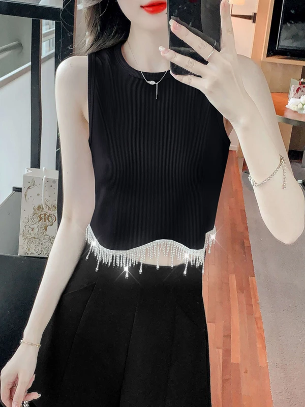 

Women's Rhinestone Vest Top Heavy Embelliment Base Layer Outerwear Spring 2025 Original Design Straight Cut ort Sle