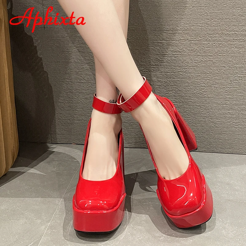 Aphixta New Platform Buckle Strap Pumps Women Shoes 12cm Chunky Heels Red Patent Leather Anti-drop Pimp Fashion Buckle Pumps