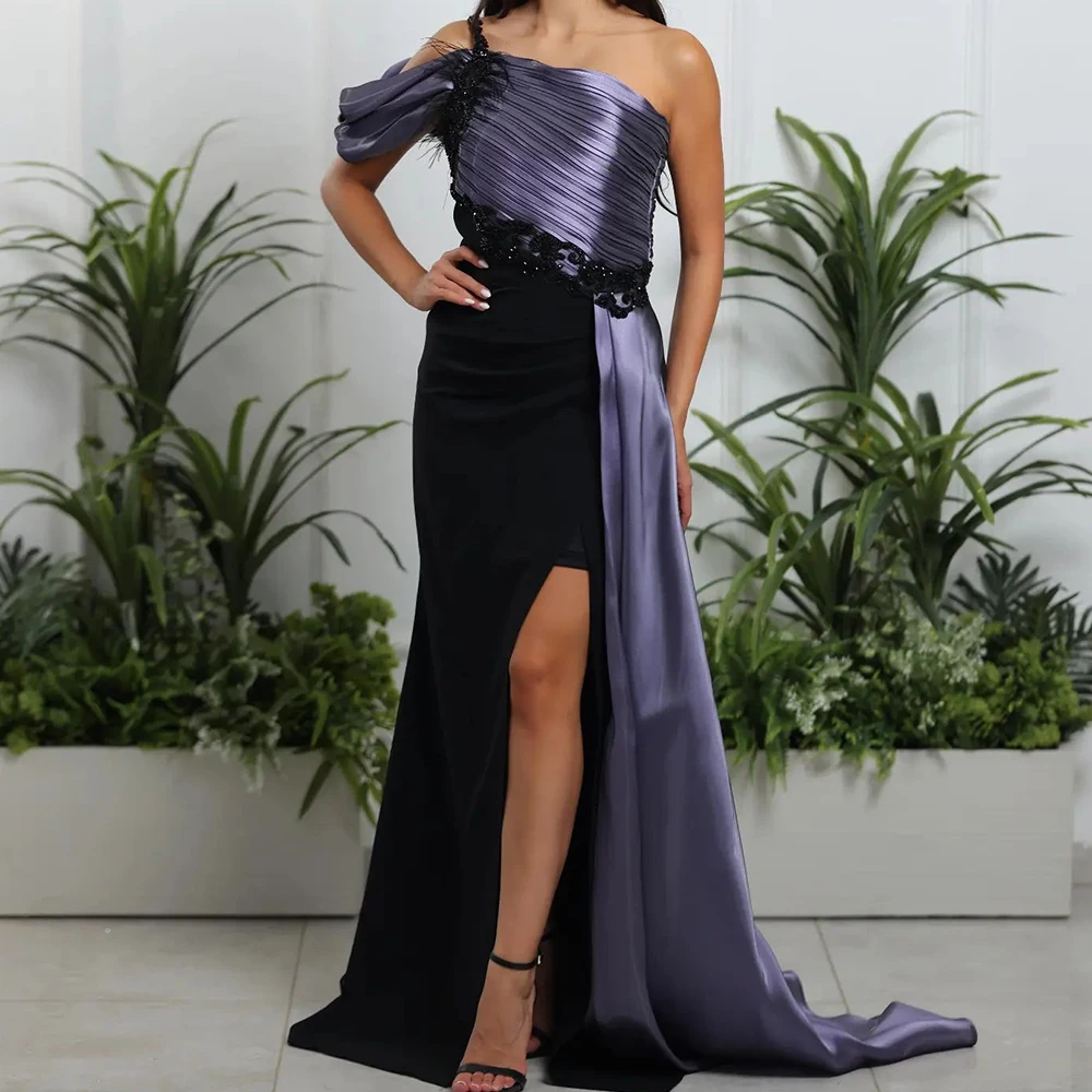 

Customized Graceful Jersey A-Line Front Slit Feathers Appliques Evening Dress Temperament Floor Length vestidos para mujer