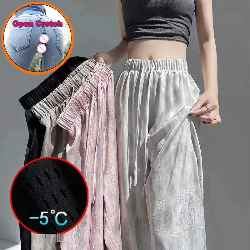 

Women's Summer Open-crotch Pants Loose Straight Vertical Casual Ice Silk Wide-leg Straight Women's Invisible Zip Pants