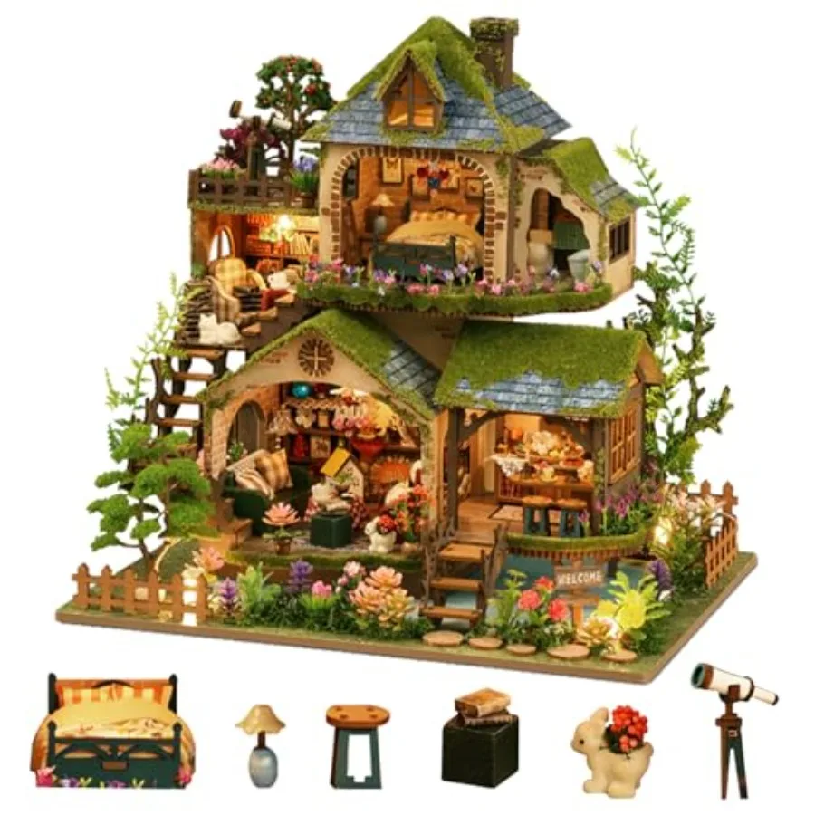 

DIY Miniature House Kit with LED Forest Adventure Mini House Building Kit for Adults Teens Wooden Dollhouse Kit Warm Brown Colo